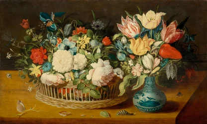 Still Life with Blossoms in a Wicker Basket and Bouquet in a Porcelain Vase